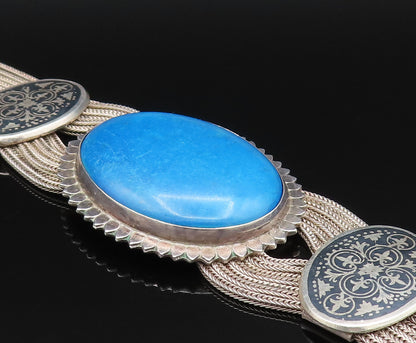 925 Silver  Vintage Oval Blue Howlite & Fleur De Lis Multi Row Bracelet BT9562