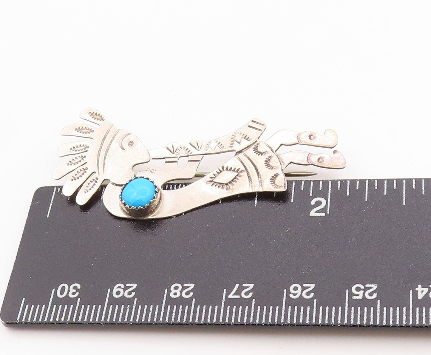 925 Sterling Silver Vintage Brooch Navajo Turquoise Etched Kokopeli  BP11755