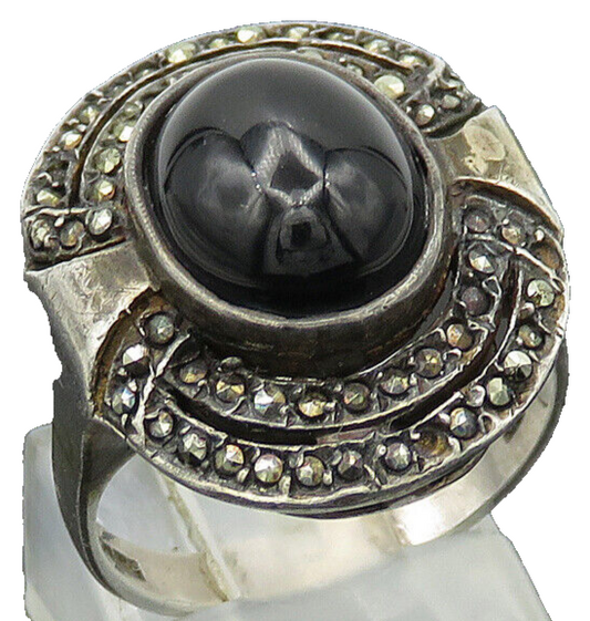 925 Silver  Vintage Onyx & Marcasite Victorian Cocktail Ring Sz 7  RG20589