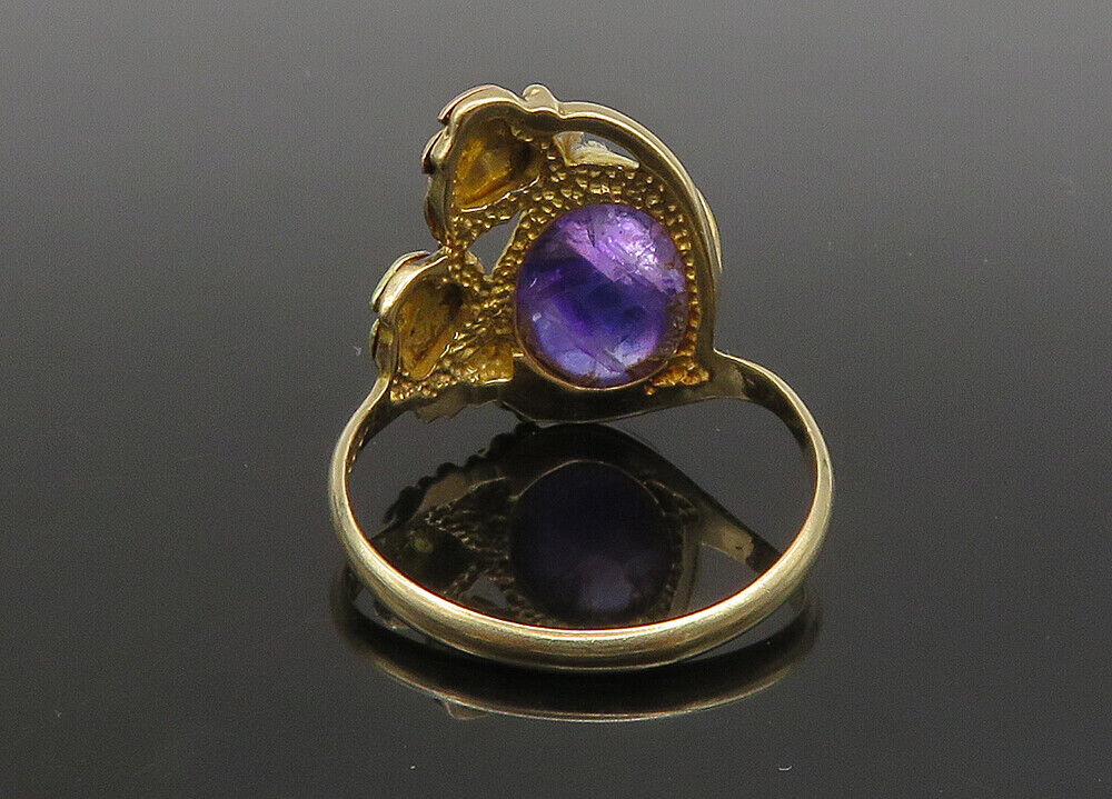 10K GOLD  Vintage Cabochon Cut Amethyst Floral Leaves Band Ring Sz 6.5  GR281