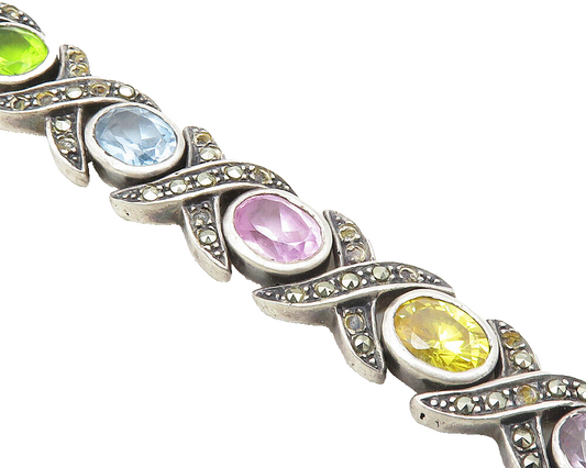 925 Silver  Vintage Peridot Amethyst Topaz & Marcasite Chain Bracelet  BT4409