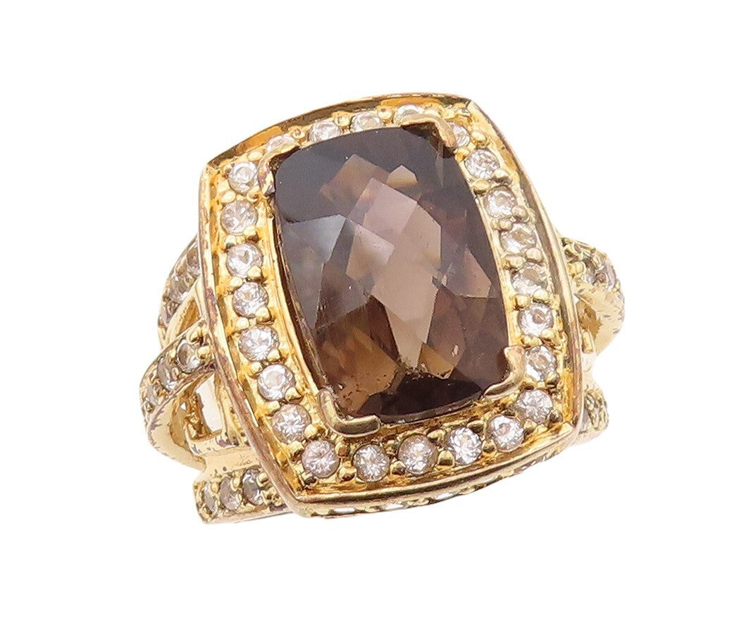 925 Sterling Silver Vintage Ring Gold Plated Smoky Quartz & Topaz  Sz 7  RG29975