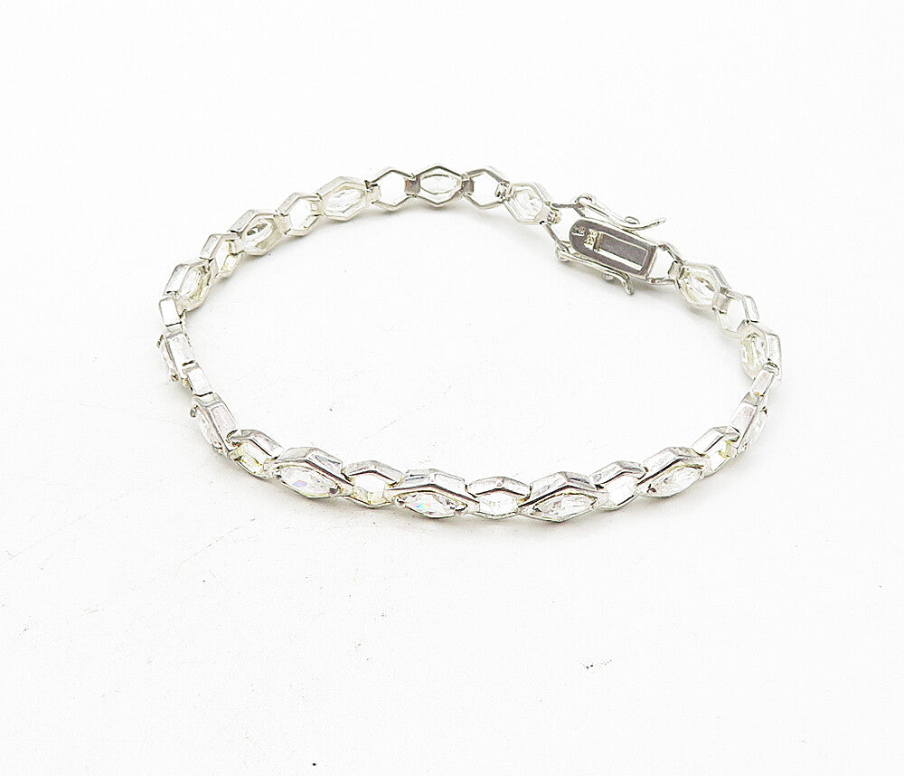 925 Sterling Silver Sparkling Cubic Zirconia Hinge Link Chain Bracelet BT3698