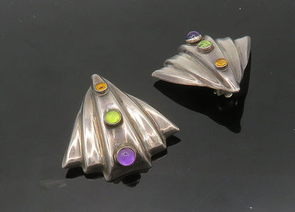 925 Silver Vintage Amethyst & Multi Stone Heavy Non Pierce Earrings EG10281