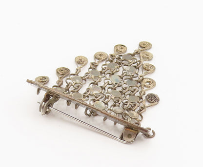 ISRAEL 925 Silver  Vintage Chained Disc & Spirals Dangle Brooch Pin  BP10135