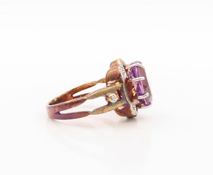 925 Sterling Silver Vintage Ring Gold Plated Amethyst & CZ Flower  Sz 8  RG30901