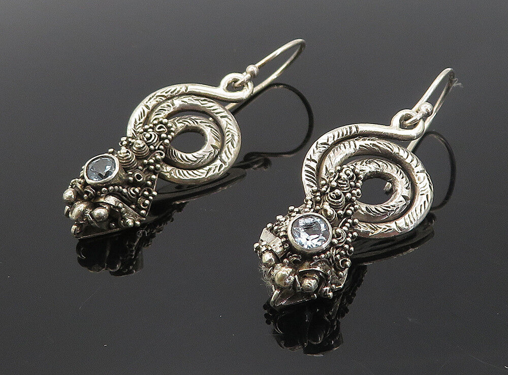 925 Sterling Silver  Vintage Blue Topaz Snake Motif Dangle Earrings  EG3559