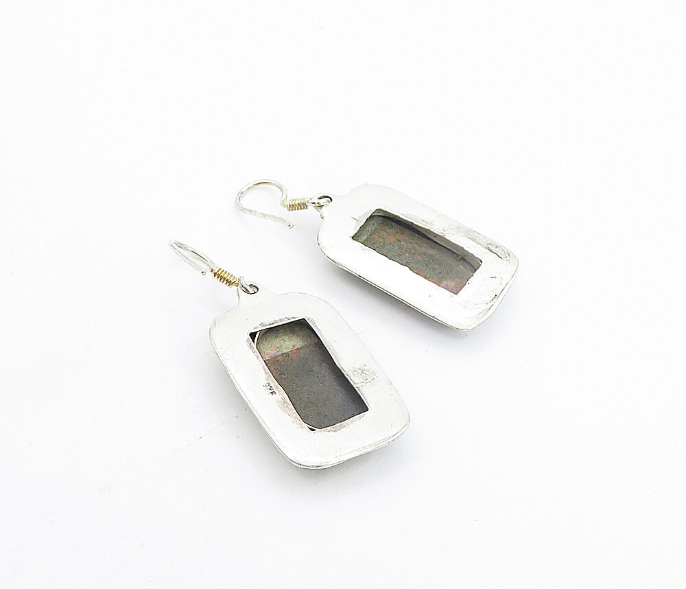 925 Sterling Silver  Vintage Unakite Square Bordered Dangle Earrings  EG3519