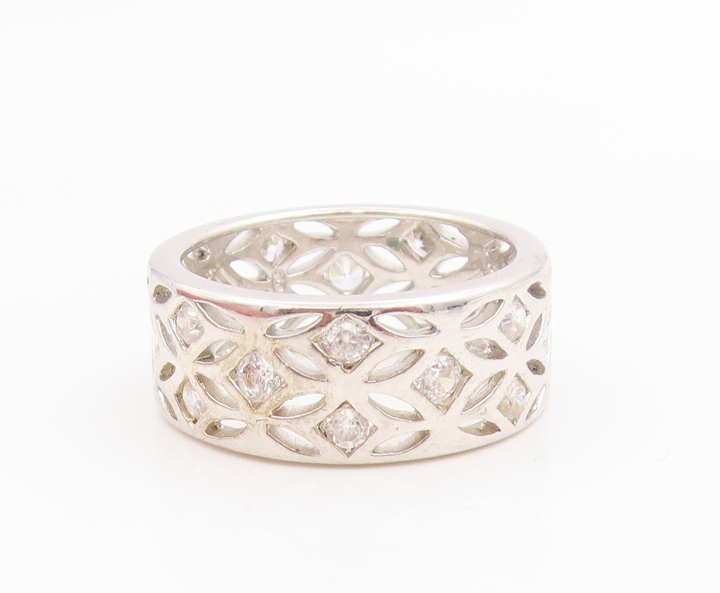 925 Sterling Silver Vintage Ring CZ Openwork Lattice Wide Band  Sz 8  RG35946