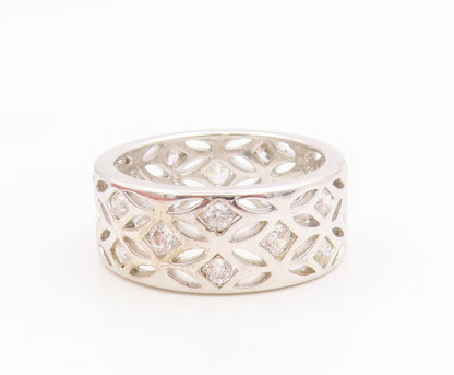925 Sterling Silver Vintage Ring CZ Openwork Lattice Wide Band  Sz 8  RG35946