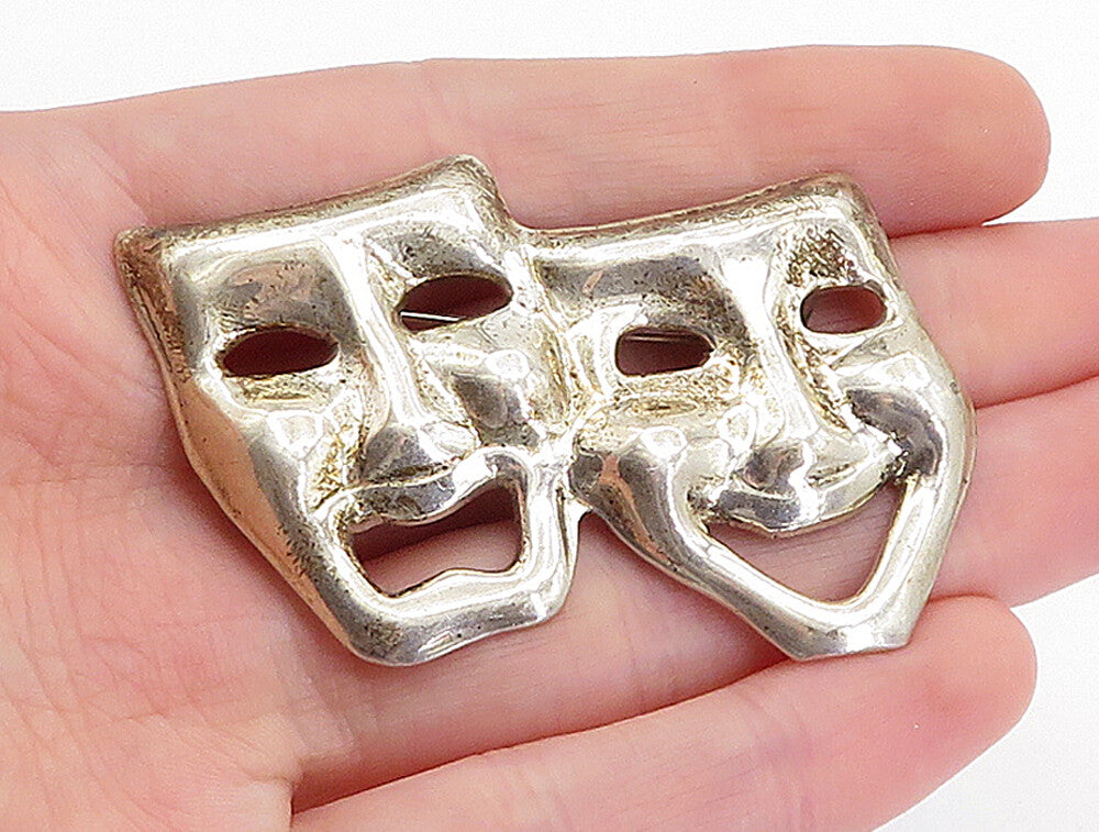 MEXICO 925 Sterling Silver  Vintage Dramatic Theater Masks Brooch Pin  BP1808