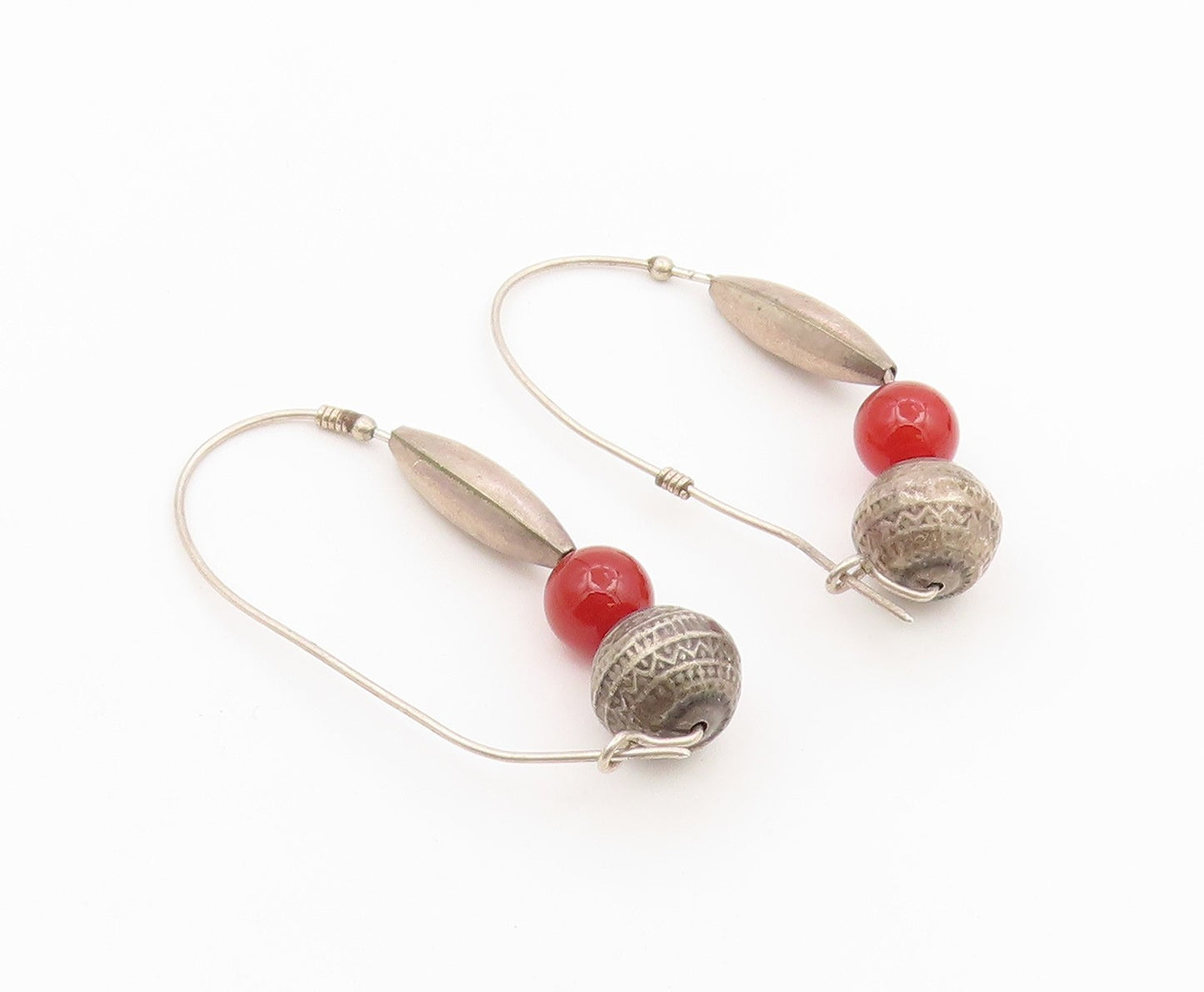 925 Sterling Silver Vintage Earrings Modernist Carnelian Bead Hoops  EG14500