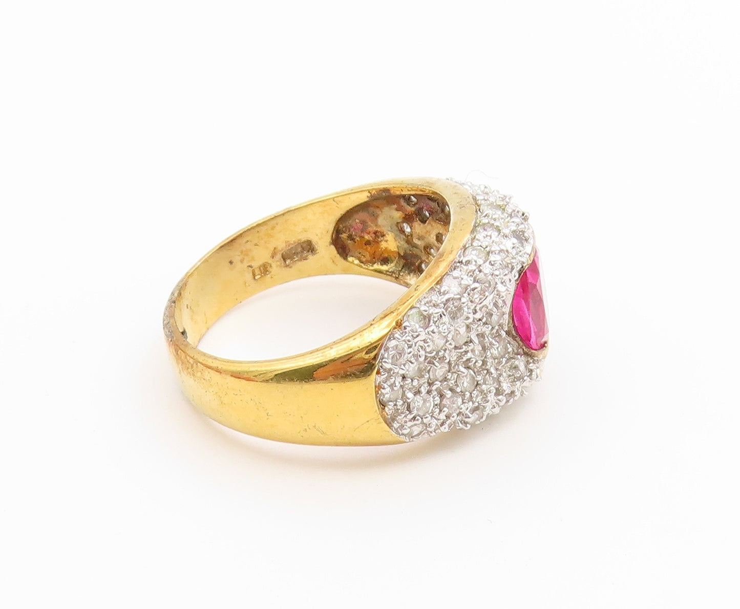 925 Sterling Silver Vintage Ring Gold Plated Ruby & CZ Pave Band  Sz 9  RG36910