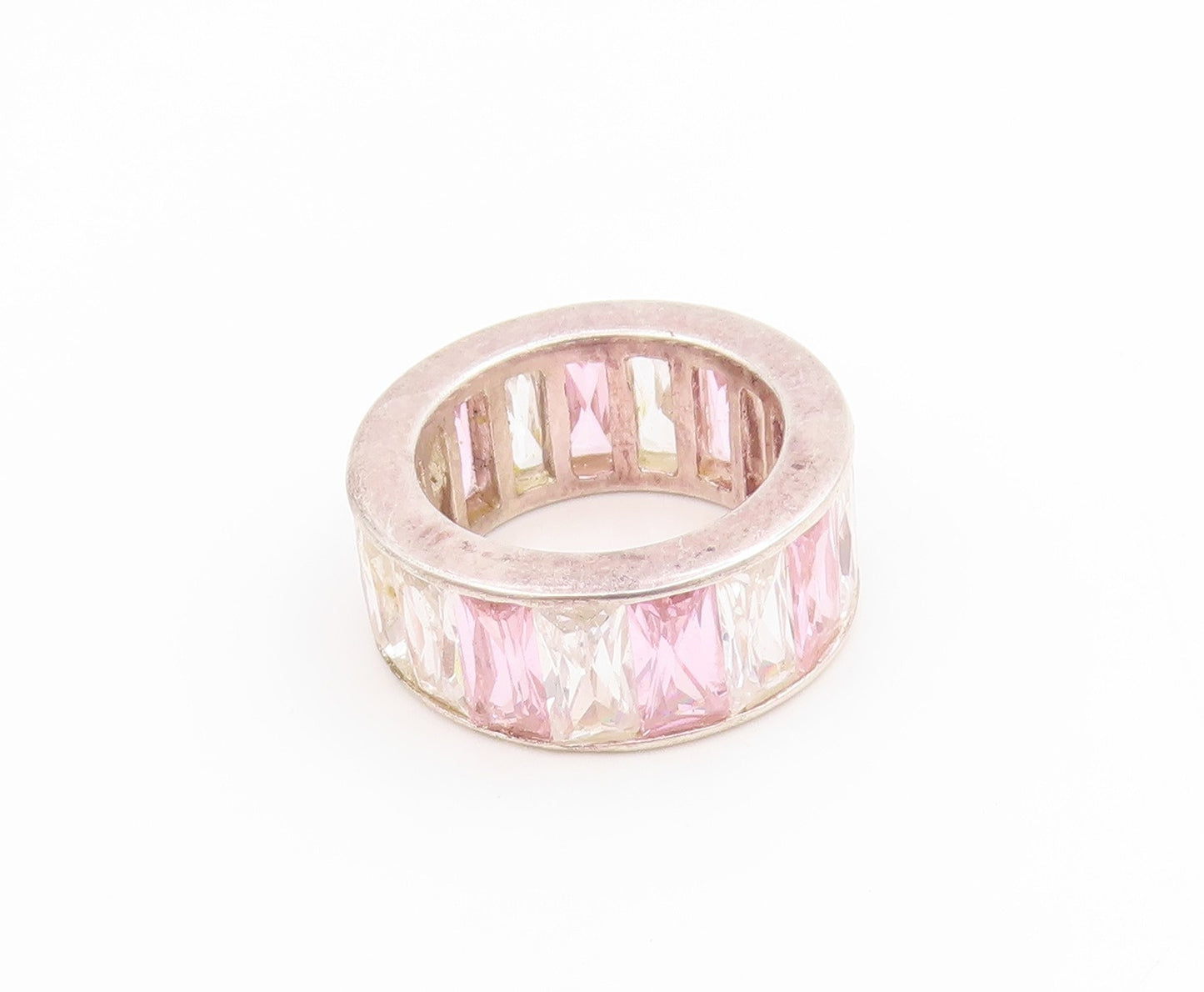 925 Sterling Silver Vintage Ring Pink & White Topaz Eternity Band  Sz 6  RG36058
