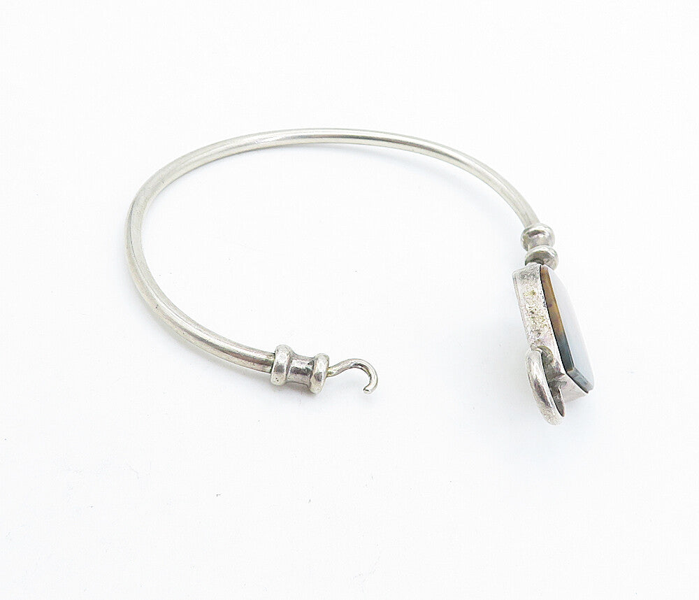 925 Sterling Silver  Vintage Brown Jasper Round Hook Bangle Bracelet  BT3168