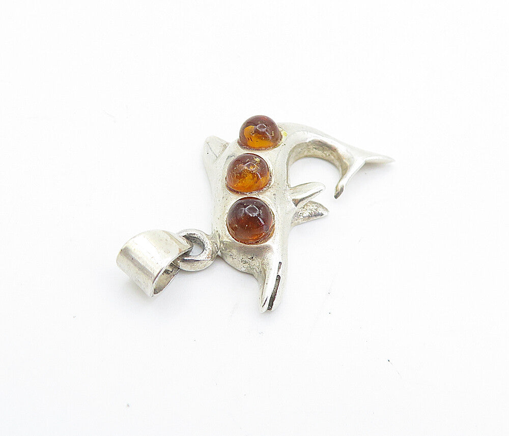 925 Sterling Silver Vintage Petite Amber Dolphin 3 Stone Drop Pendant PT5513