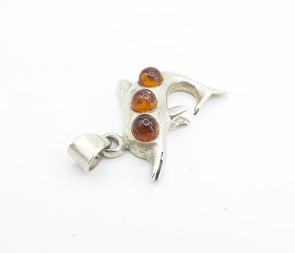 925 Sterling Silver Vintage Petite Amber Dolphin 3 Stone Drop Pendant PT5513