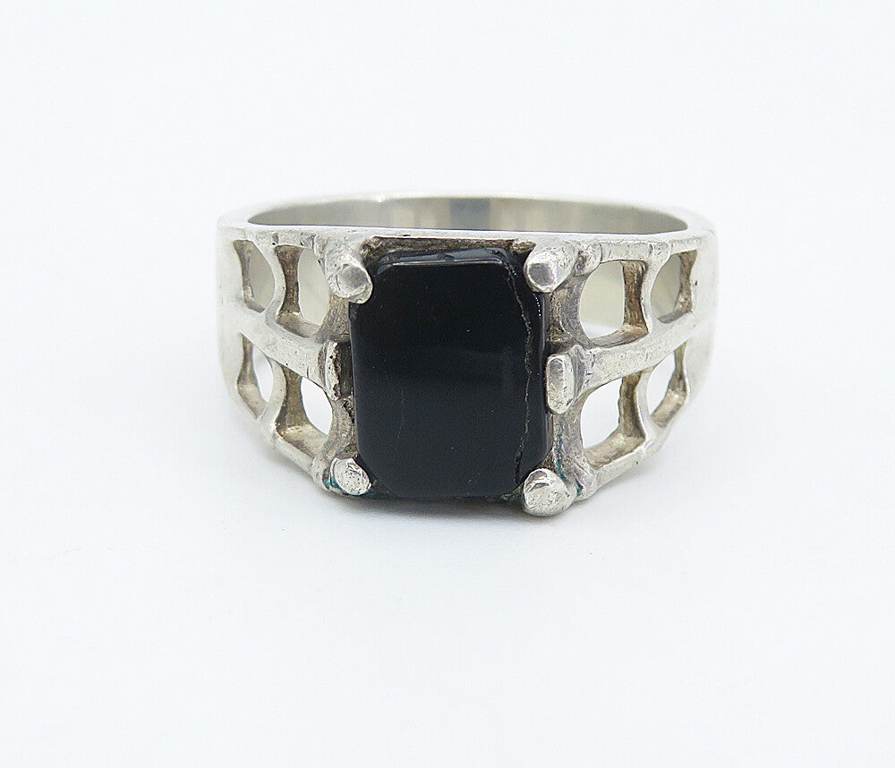 925 Sterling Silver  Vintage Black Onyx Square Cutout Band Ring Sz 10.5 RG8355