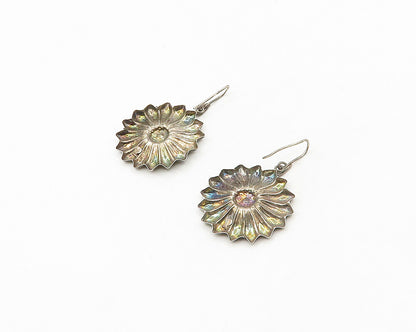 925 Sterling Silver  Vintage Dark Tone Flower Motif Drop Earrings  EG9083