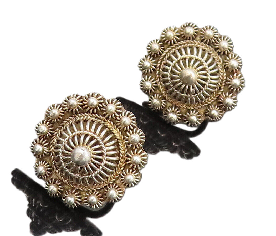925 Sterling Silver  Vintage Beaded Roped Flower Screw Back Earrings  EG12687