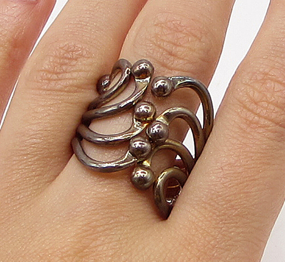 925 Sterling Silver  Vintage Dark Tone Pebbled Wire Bypass Ring Sz 8.5  RG3320
