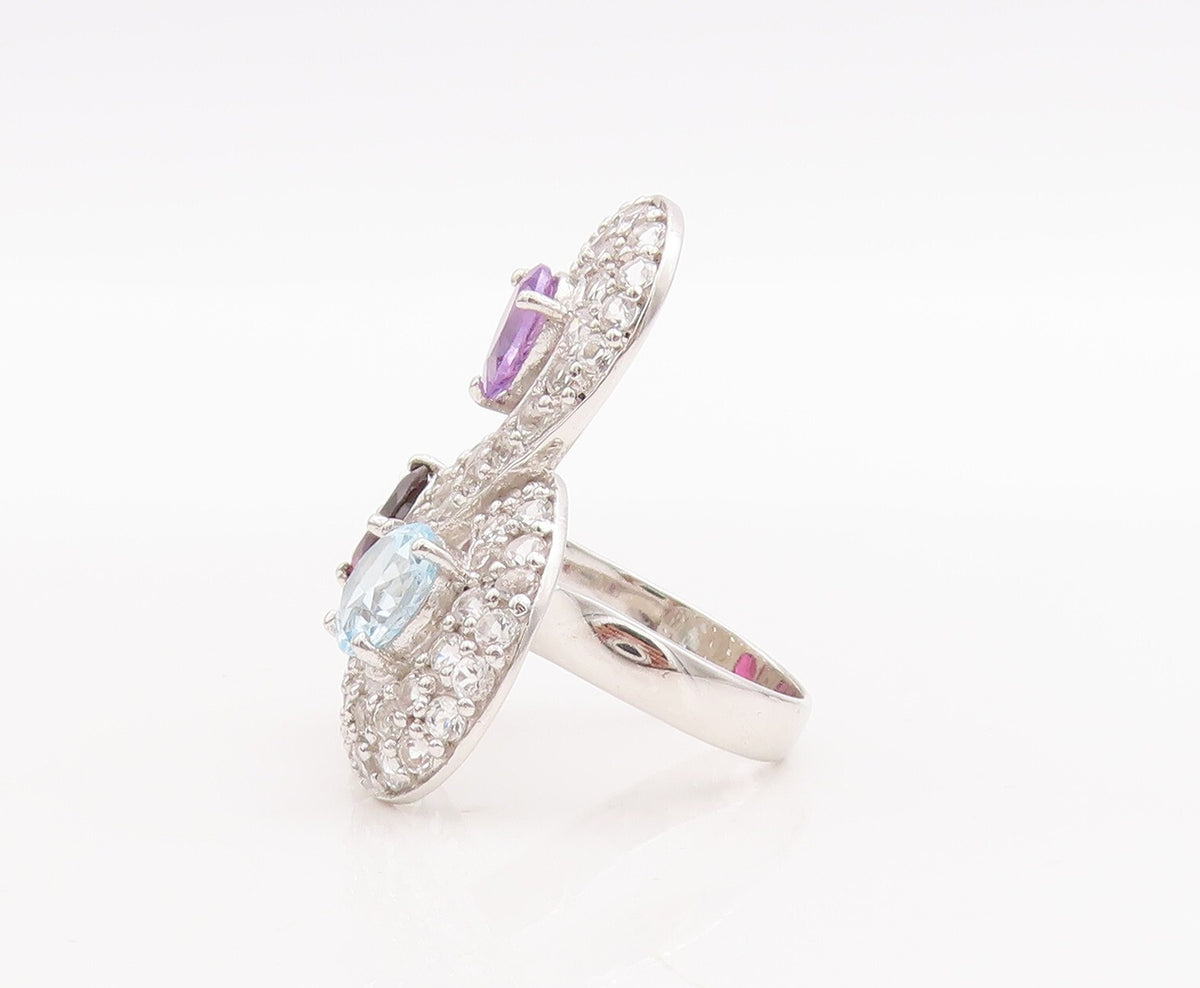 925 Sterling Silver Vintage Ring Multi Shaped Gemstone & CZ  Sz 7.5  RG29040