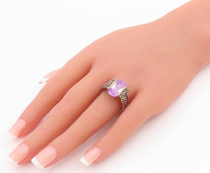 925 Sterling Silver Vintage Ring Rectangle Cut Amethyst Roped  Sz 8  RG33198