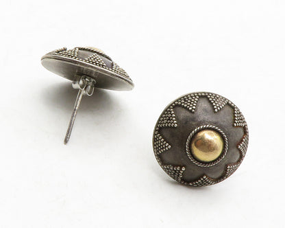 925 Silver & 18K GOLD  Vintage Two Tone Floral Dome Drop Earrings  EG6687