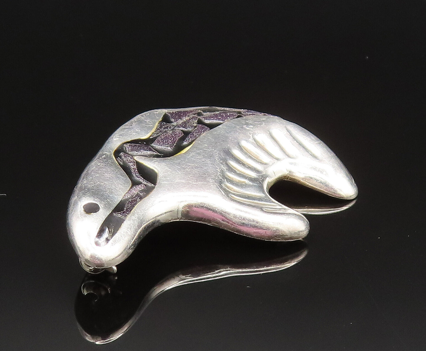 MEXICO 925 Silver  Vintage Enamel & Drusy Quartz Bear Brooch Pin  BP9673