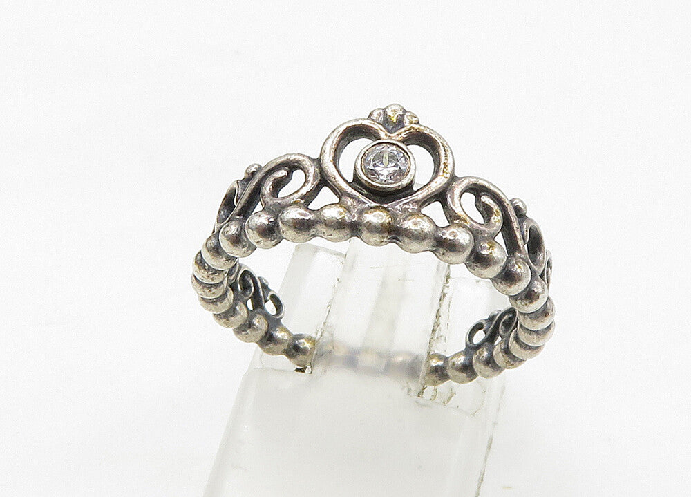 PANDORA 925 Sterling Silver  Vintage Topaz Royal Crown Band Ring Sz 7  RG21554