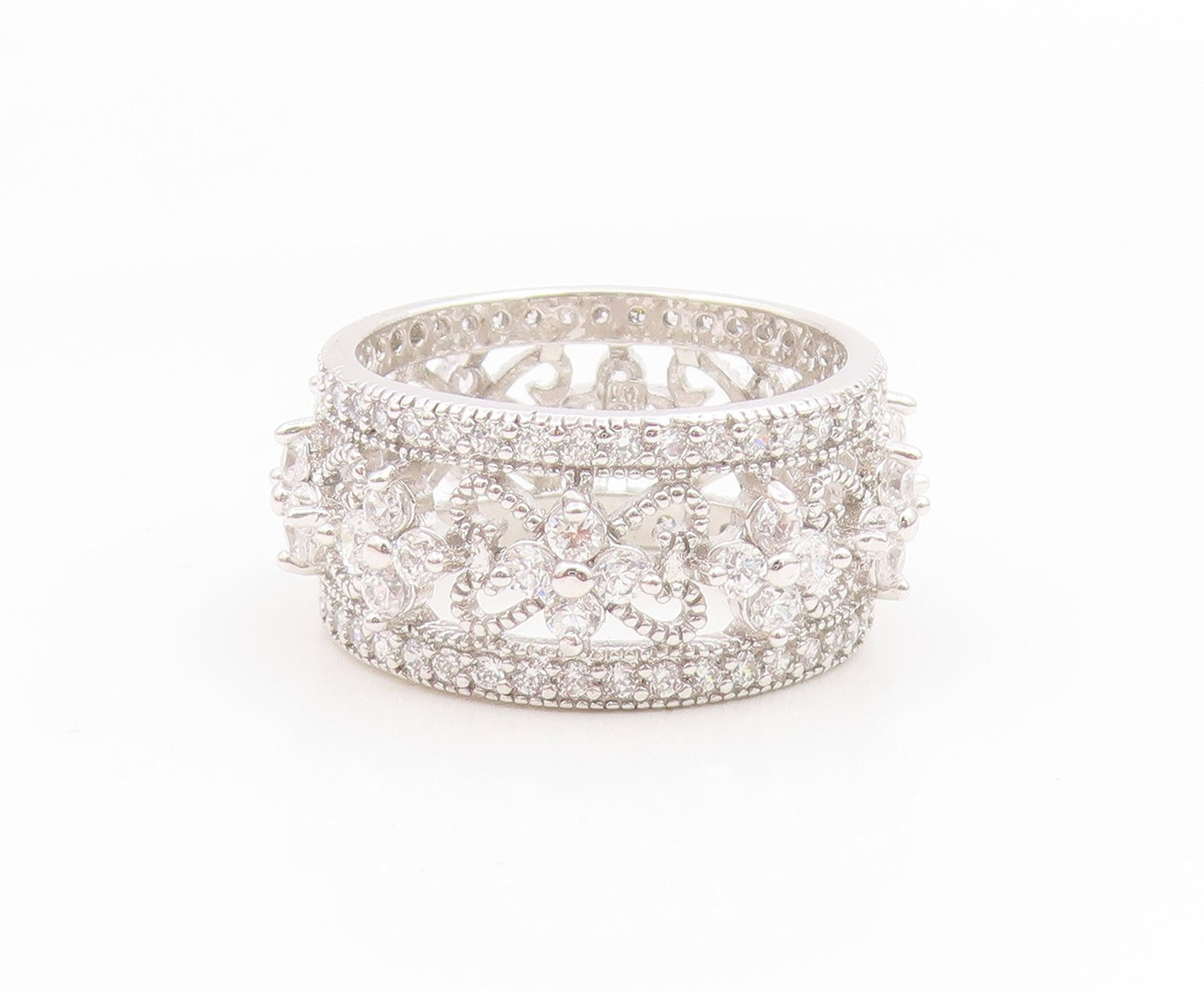 925 Sterling Silver Vintage Ring CZ Floral Openwork Eternity Band  Sz 8  RG35194