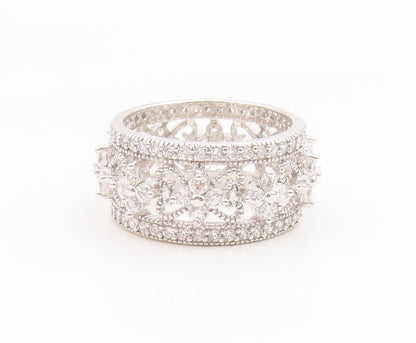 925 Sterling Silver Vintage Ring CZ Floral Openwork Eternity Band  Sz 8  RG35194