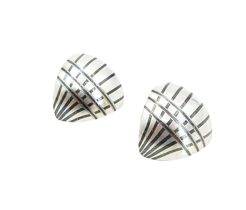 TERRI 925 Sterling Silver  Vintage Enamel Pattern Curved Drop Earrings  EG4261