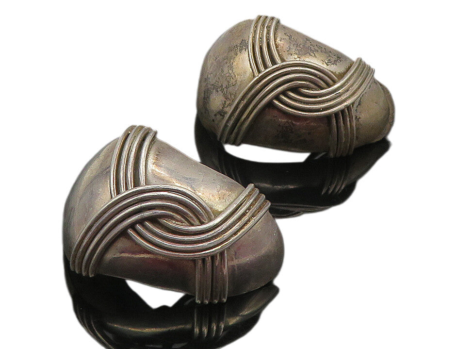 MEXICO 925 Sterling Silver  Vintage Dark Tone Curved Non Pierce Earrings  EG5944