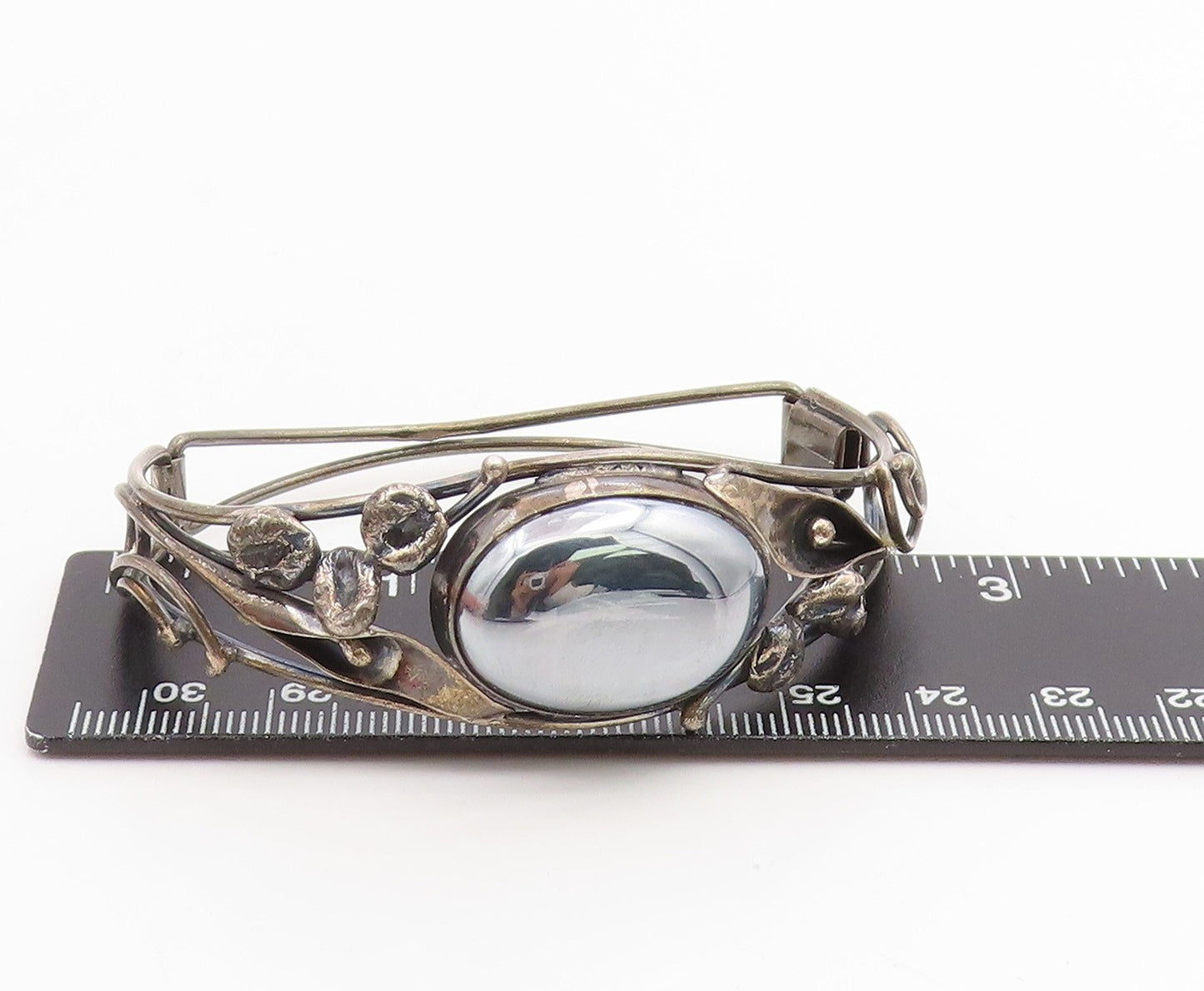 925 Sterling Silver Vintage Bracelet POLAND Hematite Floral Bangle  BT11841