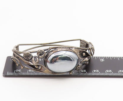925 Sterling Silver Vintage Bracelet POLAND Hematite Floral Bangle  BT11841
