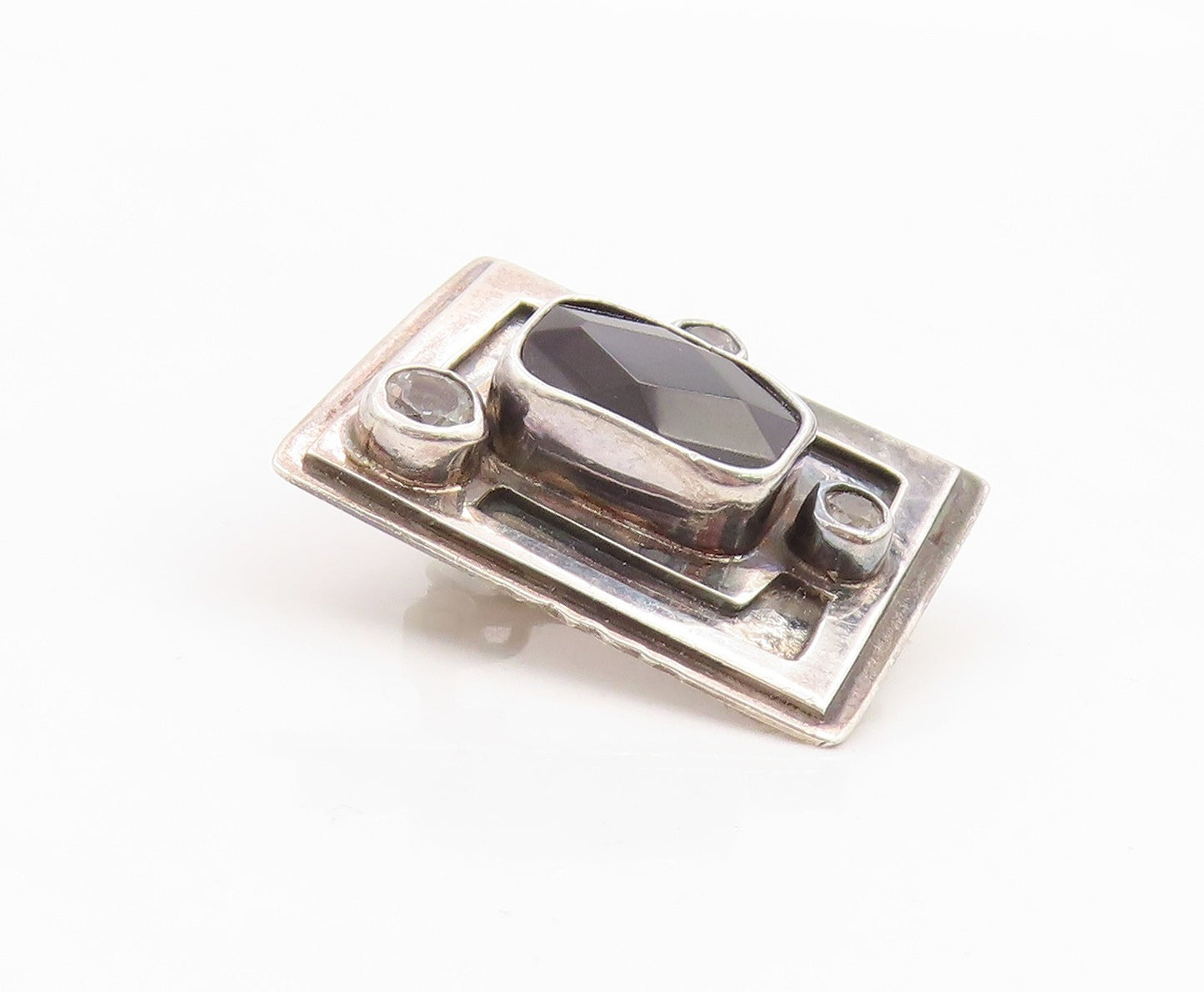 925 Sterling Silver Vintage Earrings MARGARET THURMAN Onyx & Topaz  EG14281