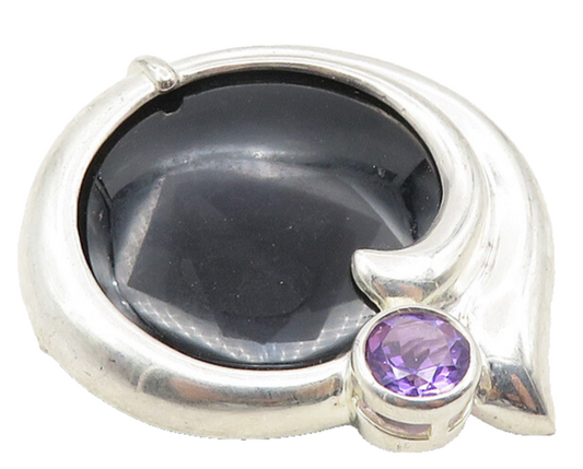 925 Sterling Silver  Vintage Black Onyx & Amethyst Round Brooch Pin  BP3829