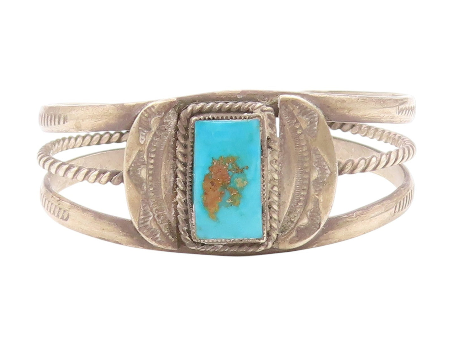 925 Sterling Silver Vintage Bracelet NAVAJO Blue Turquoise Etched Cuff  BT11373