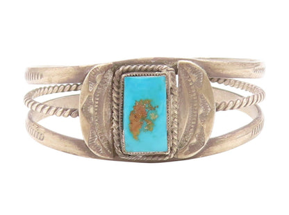 925 Sterling Silver Vintage Bracelet NAVAJO Blue Turquoise Etched Cuff  BT11373