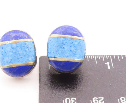 925 Sterling Silver Vintage Earrings MEXICO Oval Inlay Lapis Lazuli   EG13072