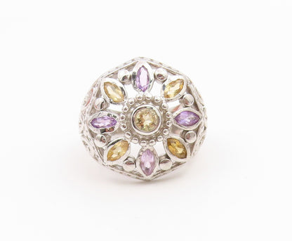 925 Sterling Silver Vintage Ring Amethyst & Citrine Floral Band  Sz 8.5  RG36069