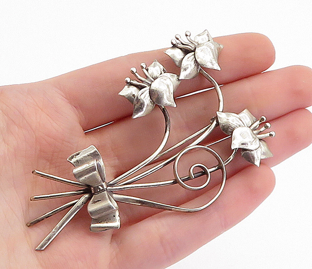 LANG 925 Sterling Silver  Vintage Spiral Bow Flower Bunch Brooch Pin  BP1850