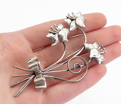 LANG 925 Sterling Silver  Vintage Spiral Bow Flower Bunch Brooch Pin  BP1850
