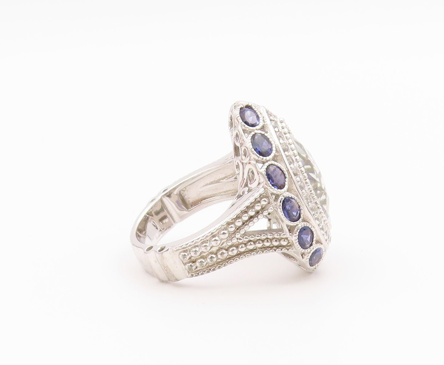 925 Sterling Silver Vintage Ring Green Amethyst Halo Tanzanite  Sz 10.5  RG36438