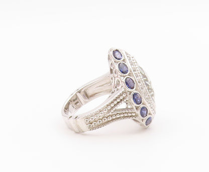 925 Sterling Silver Vintage Ring Green Amethyst Halo Tanzanite  Sz 10.5  RG36438