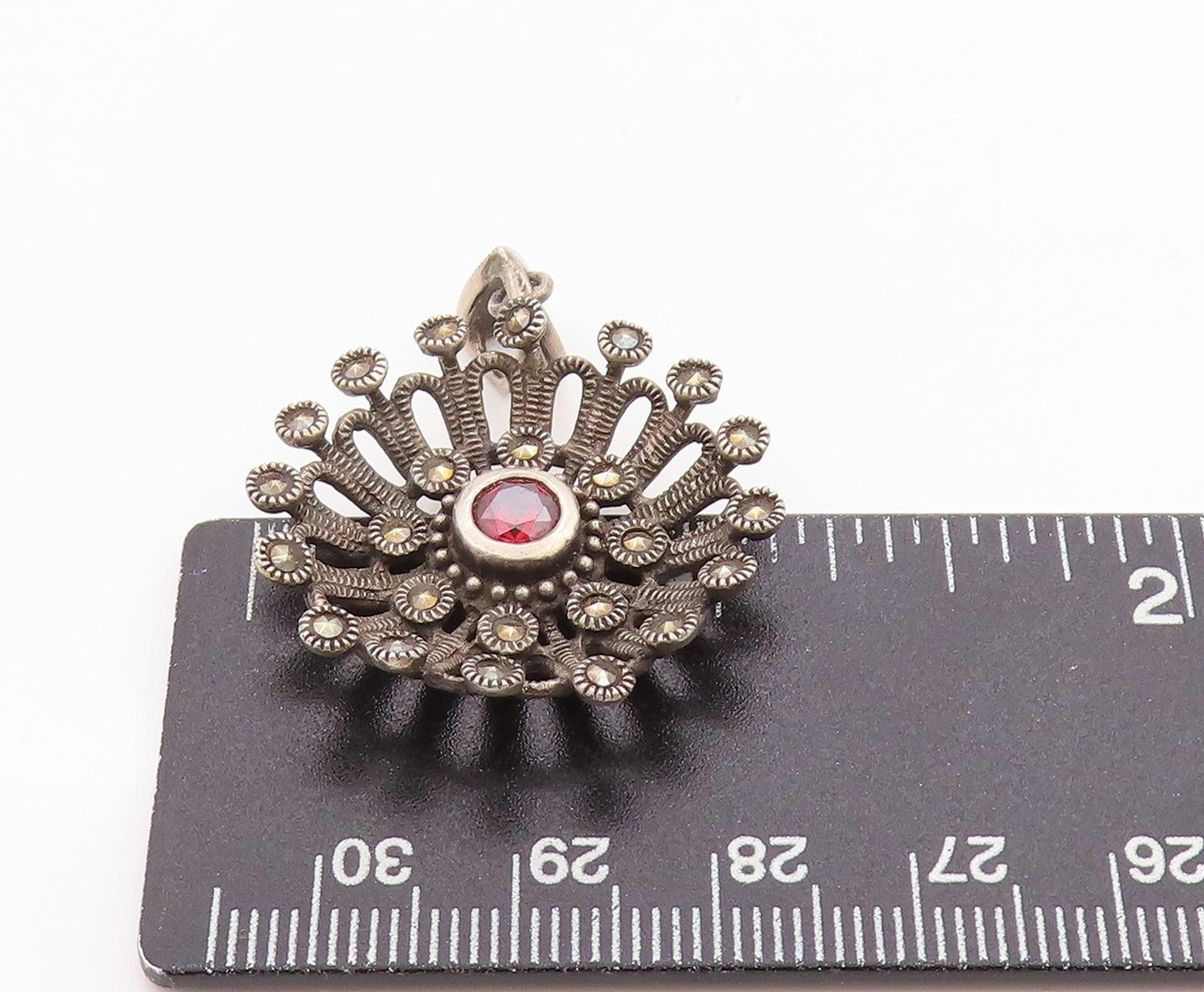 925 Sterling Silver Vintage Pendant Antique Design Cutout Garnet Flower  PT24595
