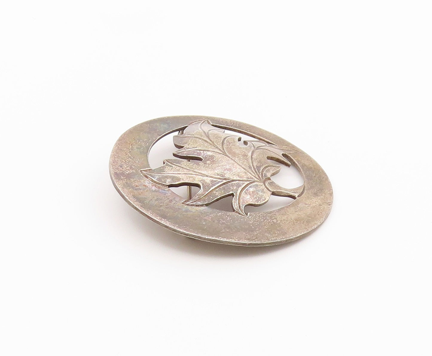 925 Sterling Silver  Vintage Dark Tone Autumn Leaf Round Brooch Pin  BP3240