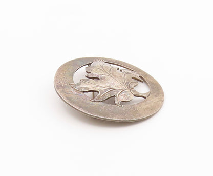 925 Sterling Silver  Vintage Dark Tone Autumn Leaf Round Brooch Pin  BP3240