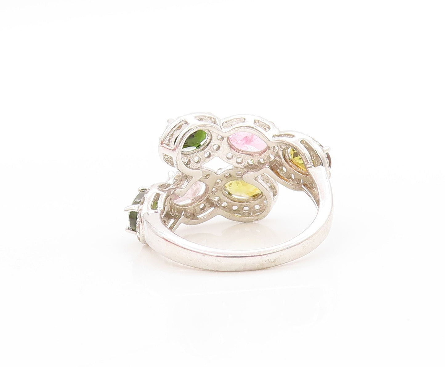 925 Sterling Silver Vintage Ring Multi Gemstone & CZ Bypass Band  Sz 7  RG33741